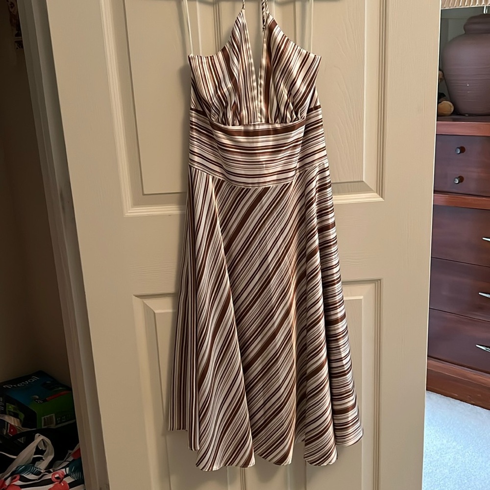 Silky brown and white stripped halter dress